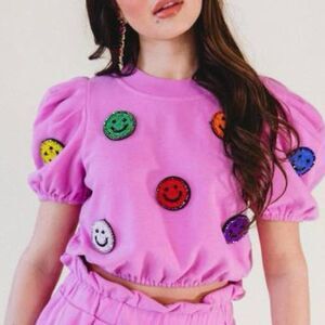 Queen of Sparkles Small 3D Beaded Smiley Poof Bubble Crop Top Pink Multi